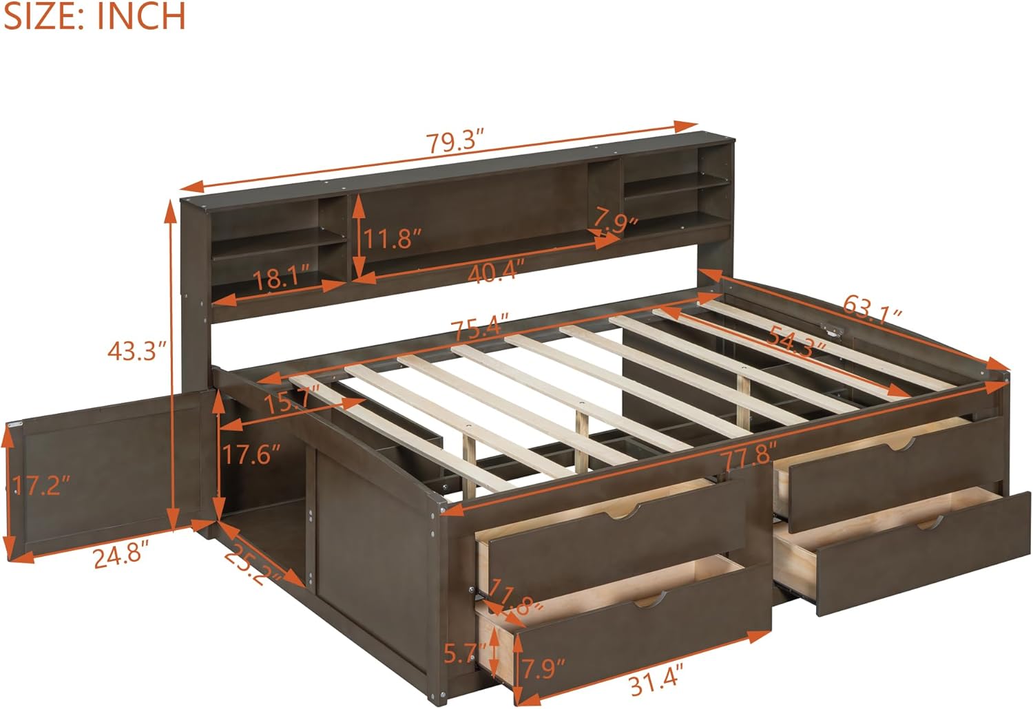 Full Size Wood Daybed with 2 Bedside Cabinets, Upper Shelves and 4 Drawers, Antique Brown 77.8X 63.1x 43.3 inch(LxWxH)
