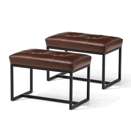 glitzhome Ottoman Bench Pack of 2, Modern PU Leather Vanity Stools Chairs with Metal Frame, Makeup Stool Padded Foot Rest Stool for Living Room Vanity, Entryway, Bathroom,Light Brown