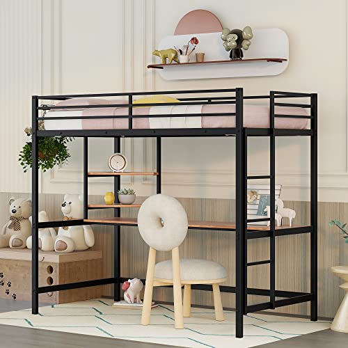 Full Size Loft Bed with Desk and Shelves, Metal Loft Bed Frame with Ladder and Full Length Guardrail, Twin Loft Bed for Kids, Teen, Space-Saving, Noise Free, Black
