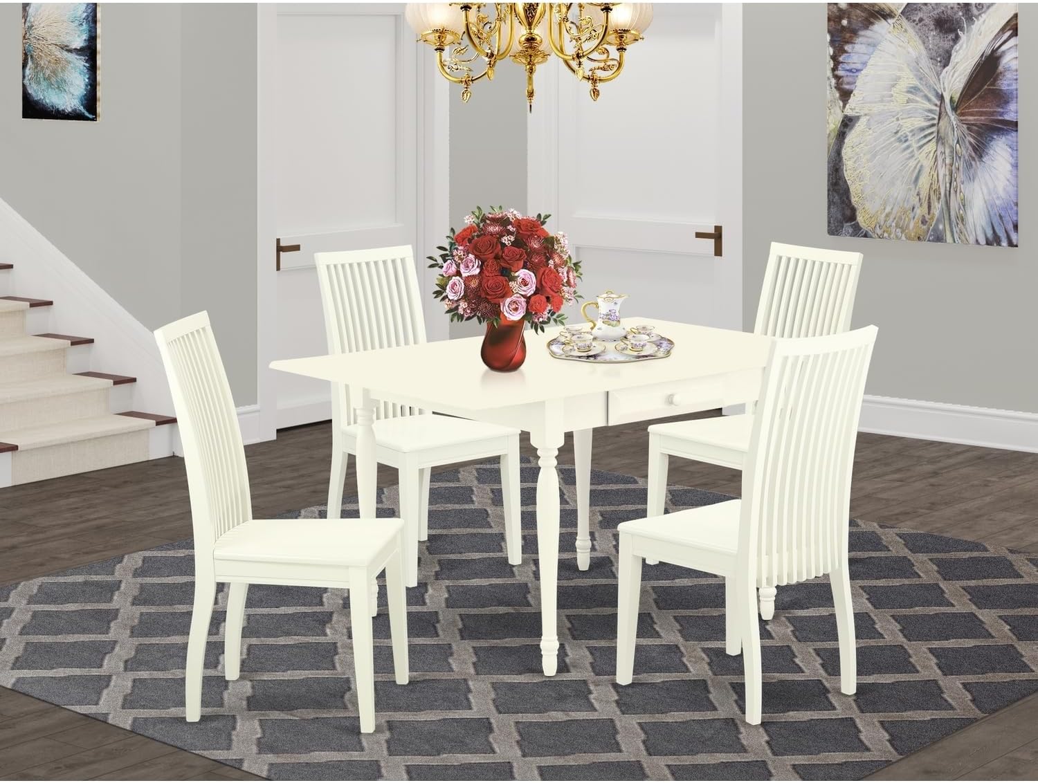 Renaissance Revival 5 Pc Wood Dining Table Set - Robust Two 9-Inch Drop Down Leaves Hardwood Dinette Table and 4 Wooden Seat Dining Chairs, Linen White Finish