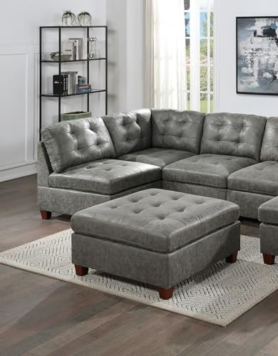 Living Room Furniture Tufted Corner Wedge Antique Grey Breathable Leatherette 1pc Cushion Wedge Sofa Wooden Legs