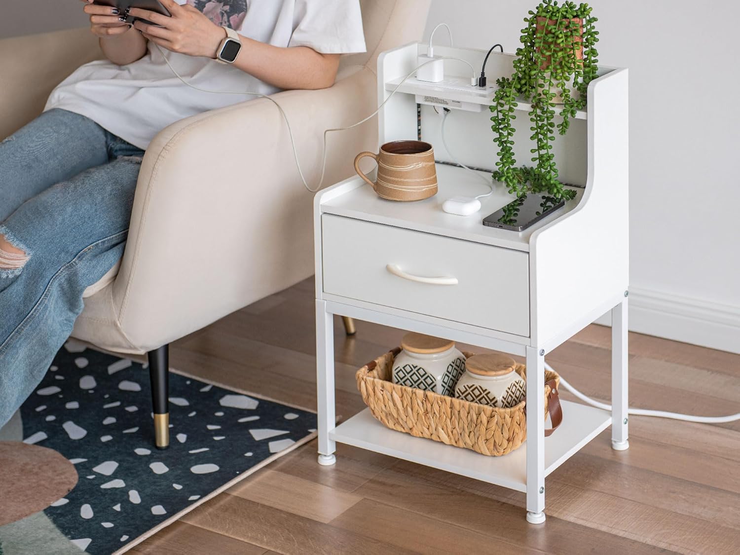 Labcosi White Bedside Table with Drawer, Nightstand with Charging Station and LED Lights (Set of 2), Modern End Tables for Bedroom