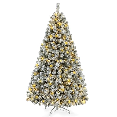 6ft Prelit Snow Flocked Christmas Tree, Artificial Holiday Christmas Spruce Tree with Warm White Lights, Premium Hinged Xmas Tree for Home, Office, Party Decoration