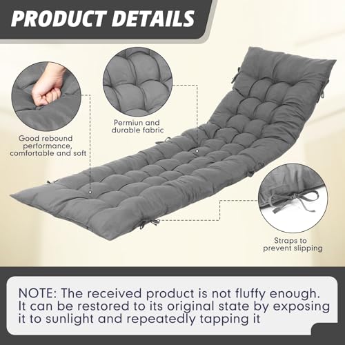 2 Pcs Lounge Chair Cushion 64 x 19 Inch Chaise Lounge Cushion Patio Lawn Recliner Furniture Cushions Replacement Lounge Chair Pads for Beach Patio Home(Gray)