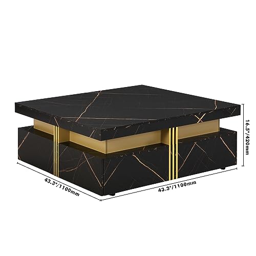 P PURLOVE Modern Luxury Coffee Table,Square Coffee Table with 4 Drawers,Contemporary Center Cocktail Table with Gold Accents for Living Room,White