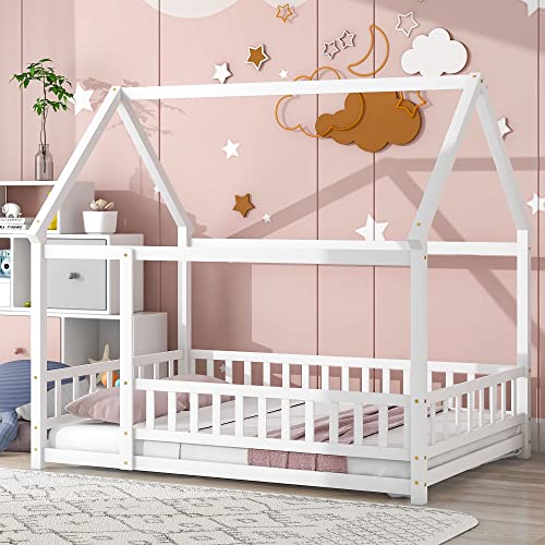 Wooden Floor Bed with House Roof Frame, Fence Guardrails,for Kids Teen Toddler Boys Girls Bedroom Use (Grey@Guardrails, Twin)