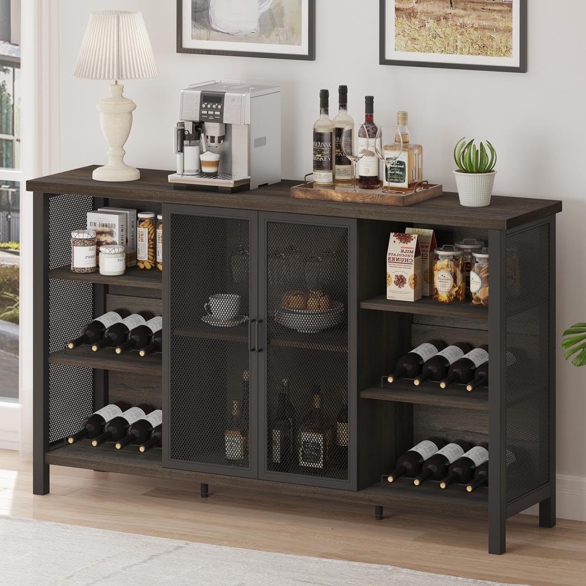 FATORRI Bar Cabinet and Entryway Bench for Living Room (Walnut Brown)