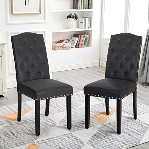 Sophia & William Tufted Kitchen Dining Chairs Set of 2 Faux Leather Upholstered Dining Room Chairs with Ring Pull Trim and Decorative Nailhead, Rubber Wood Dining Chairs for Bedroom,Black
