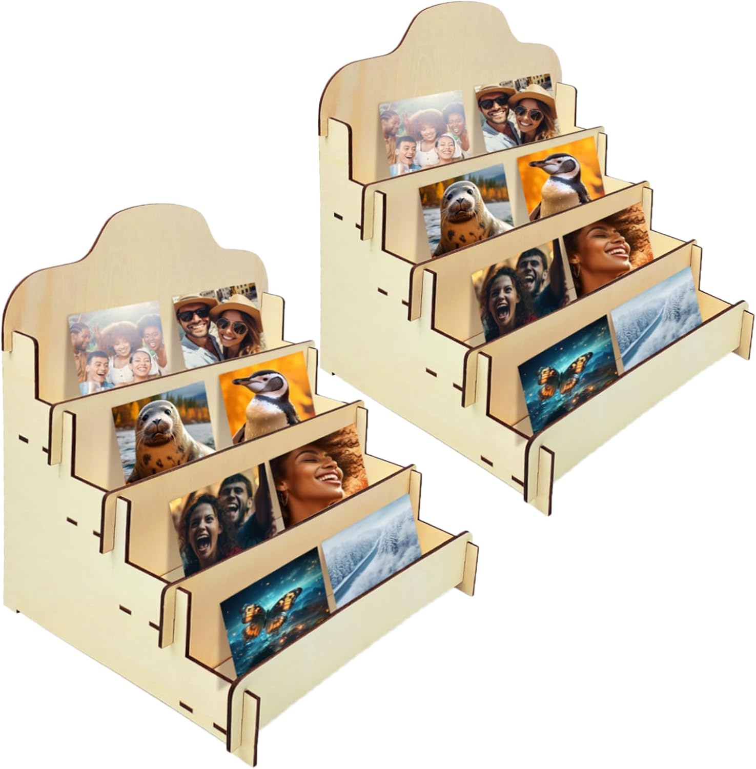 2pcs 4 Tier Greeting Card Display Stands, Durable Wooden Stickers Display Risers, Multipurpose Blank Retail Display Shelves, Card Display Rack for Greeting Card Photos Postcard Counter Vendor Events