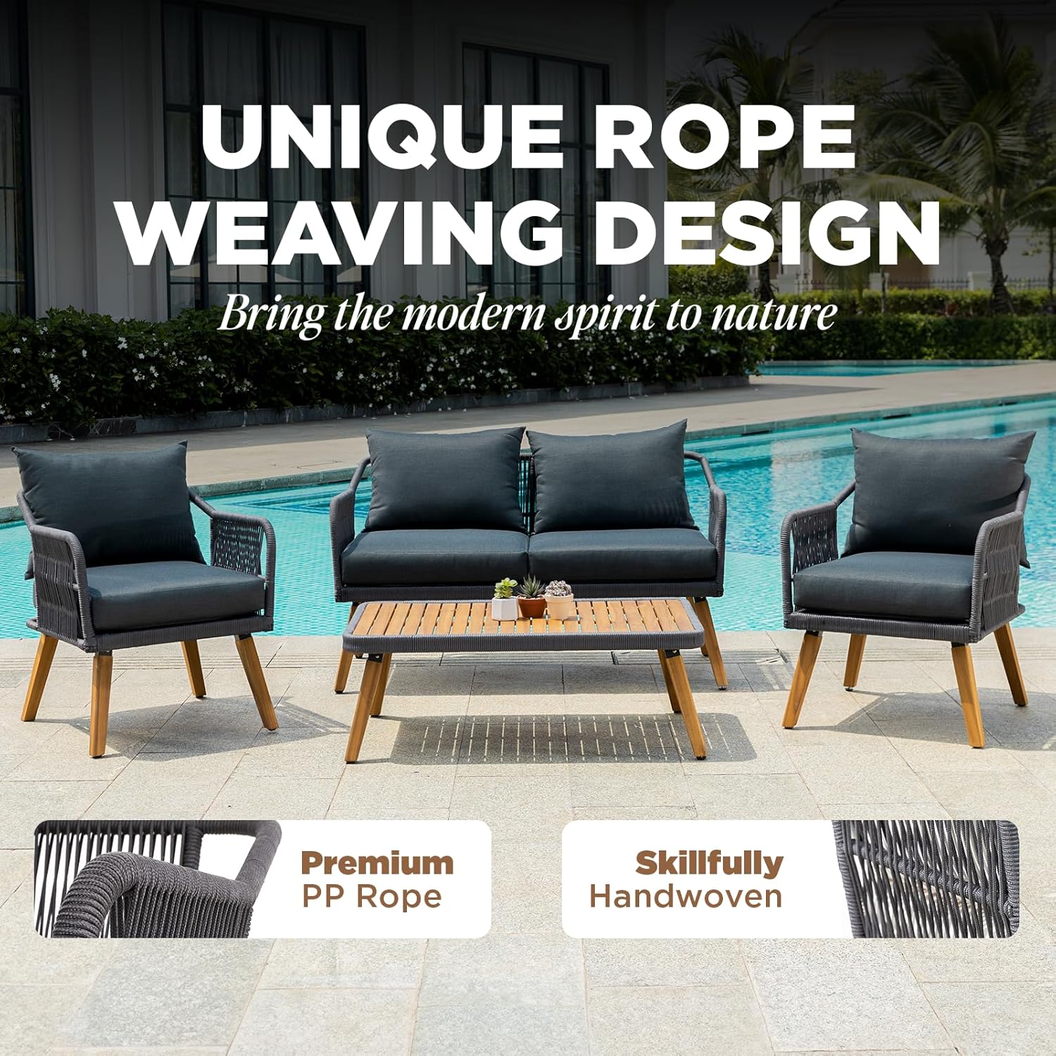 Serene Patio Conversation Sets, 800lbs Capacity FSC Certified Acacia Wood Outdoor Furniture with 3.9in Thick Soft Cushions, 4 Pieces Modern Rope_Obsidian