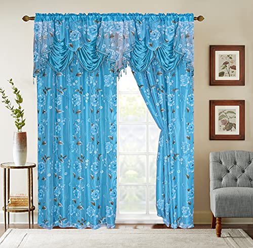 GLORY RUGS Flower Curtain Window Panel Set Luxury Curtains with Attached Valance and Sheer Backing Living Room Bedroom Dining 55x84 Each Balsam Collection