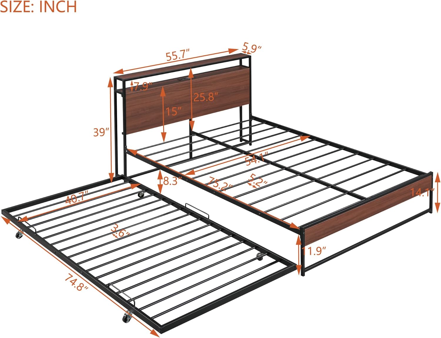Full Bed with Trundle, Metal Bed Frame with Twin Size Trundle, Full Size Bed Frame with Storage Headboard, USB Ports, Steel Slat Support, No Box Spring Needed, Noise Free, Black