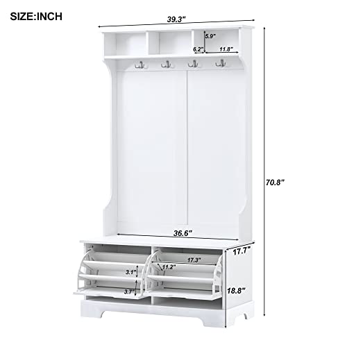Hall Tree Entryway Coat Rack with 3 Top Shelves and 2 Flip Shoe Storage Drawers, 4 Hooks, Widen Mudroom Bench Wood Hallway Organizer Seating for Entrance Living Room (White)