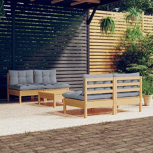 5 Piece Patio Lounge Set, Patio Lounge Chair Balcony Chairs Outdoor Dining Set Patio Furniture Set Suitable for Apartments Patio Outdoors Outside with Gray Cushions Pinewood