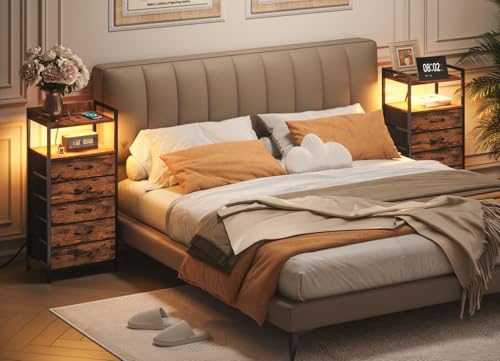 Furnulem 5 Drawer Dresser for Bedroom, Tall Nightstand Set 2 with Led Light and Charging Station, Small Night Stand Bedside Table, Fabric Bins, Metal Frame, Wood Shelf, Side Furniture