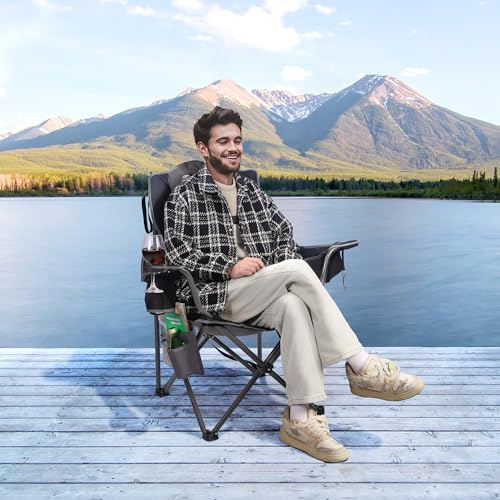 Camping Chairs for Adults,High Back Outdoor Folding Padded Heavy Duty Lawn Chairs w/Phone Holder,Cup Holder,Cooler Bag,Opener,Perfect for Adults Beach Trips,Black