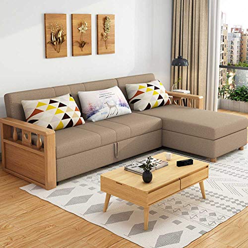 Reversible Sleeper Sectional Sofa with Storage and Wooden Handrail 3 in 1 Compact Sofa Couch with Pull Out Bed and Large Storage Space - Home Recliner Couch Home Living Room Furniture B 230cm (D 280