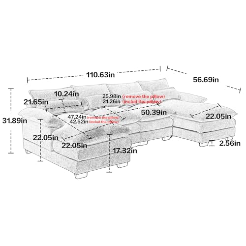 CALABASH Living Room Sectional Sofa Couch, Modern Chenille U Shaped Cloud Couches, Convertible Comfy Modular 4-6 Thick Seater Sofa for Apartment, Office,110.6 Inches