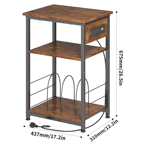 JOISCOPE Side/End Table with Charging Station (2 AC, 2 USB), 3 Tier Record Player Stand for Up to 150 Albums Storage, Portable Bedside Nightstand on 4 Wheels for Small Space Bedroom Living Room, Black