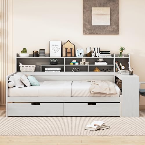 Wooden Full Size Daybed with Storage Shelves and Study Desk, Multi-functional Bed DayBed Frame with 2 Storage Drawers for Office Living Room Bedroom, Maximize Space (Natural-AT)