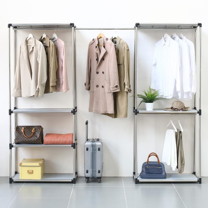 Premium Stainless Steel Freestanding Closet Organizer System - Easy Assembly, Durable, and Versatile - Heavy Duty Adjustable Portable Wardrobe Clothing Rack (2 Tier)