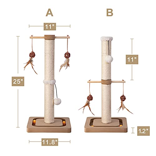 Cat Scratching Post 31in Tall Sisal Scratch Posts with Perch Tracking Interatcive Toys Vertical Scratcher for Indoor Cats and Kittens,Three Hanging Ball Self Massage Brush Beige