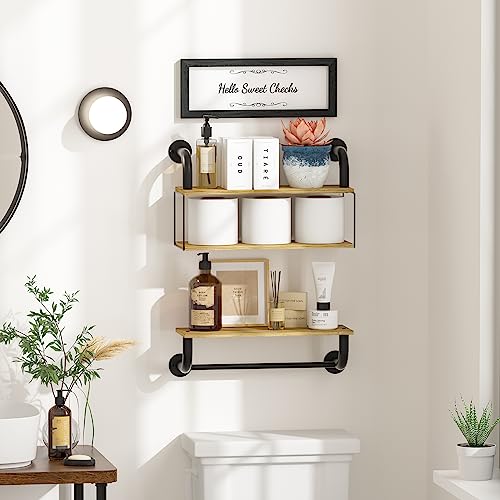 Farmhouse Bathroom Decor Floating Shelves for Wall Decor, Bathroom Shelves Over Toilet, Industrial Pipe Shelves Wall Mounted with Towel Bar, Rustic Wall Shelf for Living Room Bedroom