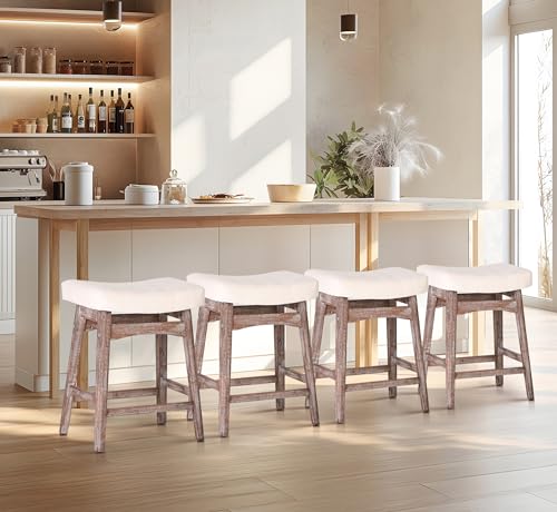 White Solid Wood Bar Stools Set of 2 for Kitchen Counter Counter Height Farmhouse Barstools with Faux Leather Modern Upholstered Stools for 34