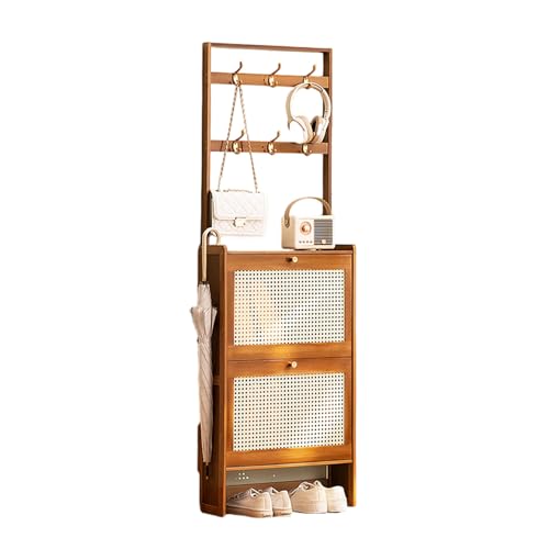 Shoe Cabinet with Flip Drawers Multi-Functional Narrow Hidden Slim Shoe Rack Organizer Free Standing Bamboo Shoe Shelf Coat Rack for Closet Hallway Bedroom Entryway,A-50 * 17 * 186cm