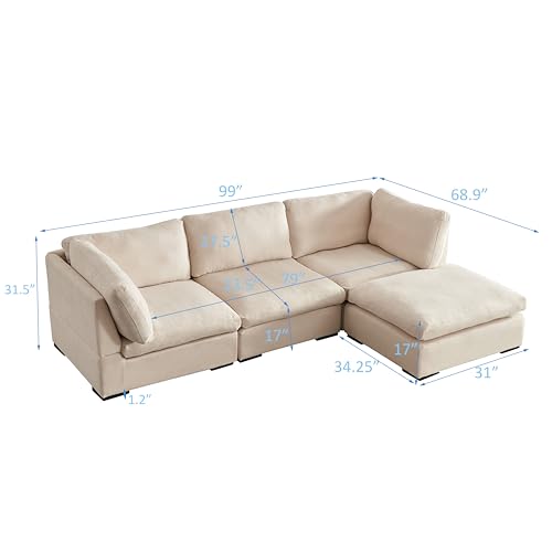 Extra Wide Deep Seat Feather Filled Convertible Modular Sectional Sofa Cloud Couch with Reversible Chaise and Waist Pillows, 6 Seater Oversized Sleeper Lounge Sofa&Couches for Living Room Office