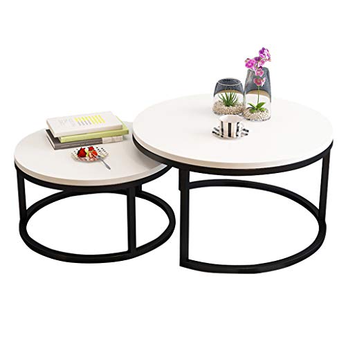 Set of 2 Round Nesting Coffee Table Sofa Side End Table Living Room Modern Scandinavian, Wood and Metal, White Finish