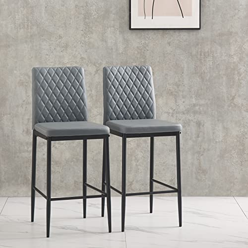 Modern Simple Bar Chair,Bar Stools Set of 2, Counter Height Bar Stools with Fireproof PU Leather Spraying and Metal Legs, Diamond Grid Pattern, Bar Chairs for Restaurant Family, Dark Grey