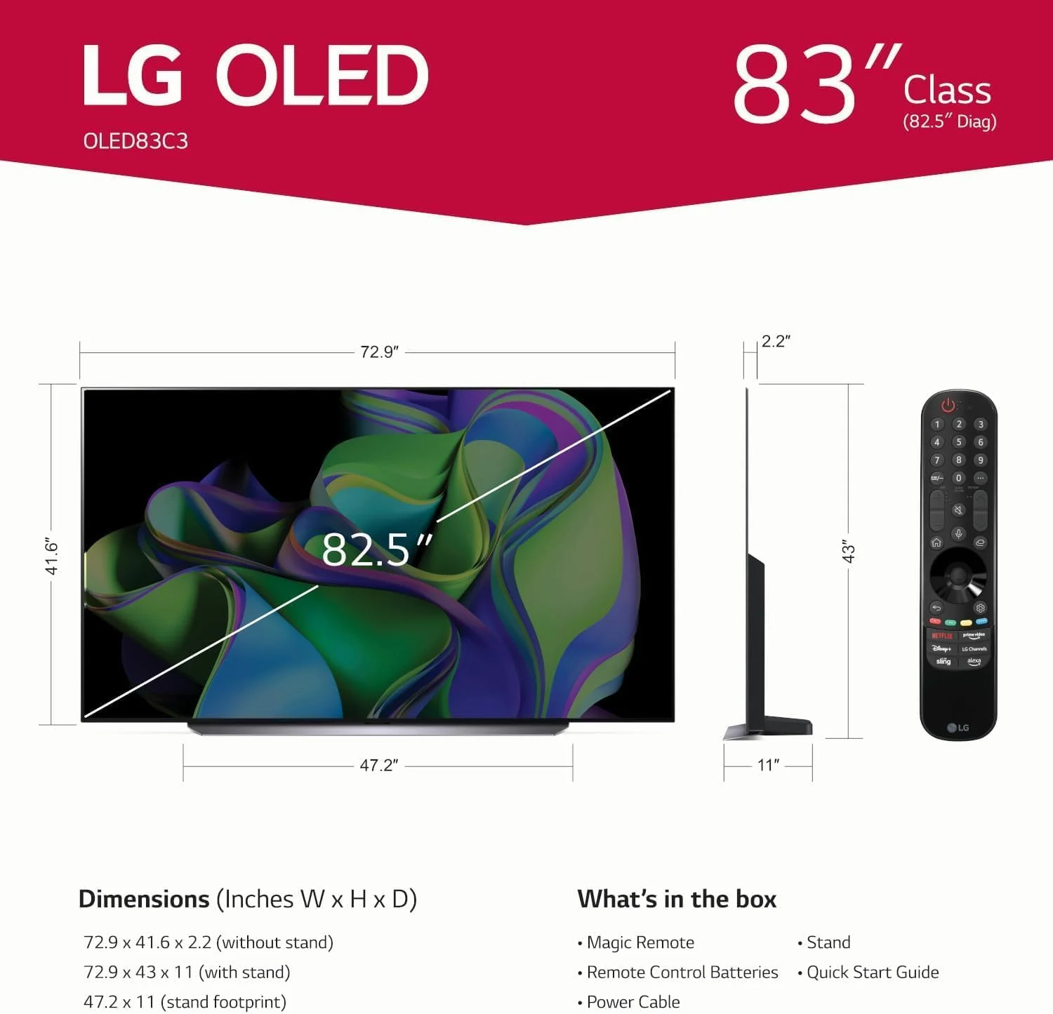 LG 83" OLED C3 HDR 4K Smart OLED TV Bundle - 120 HZ Refresh Rate + UAX 4K HDMI 2.0 Cable + CPS 24 Months Protection and Streaming Kit with Alexa