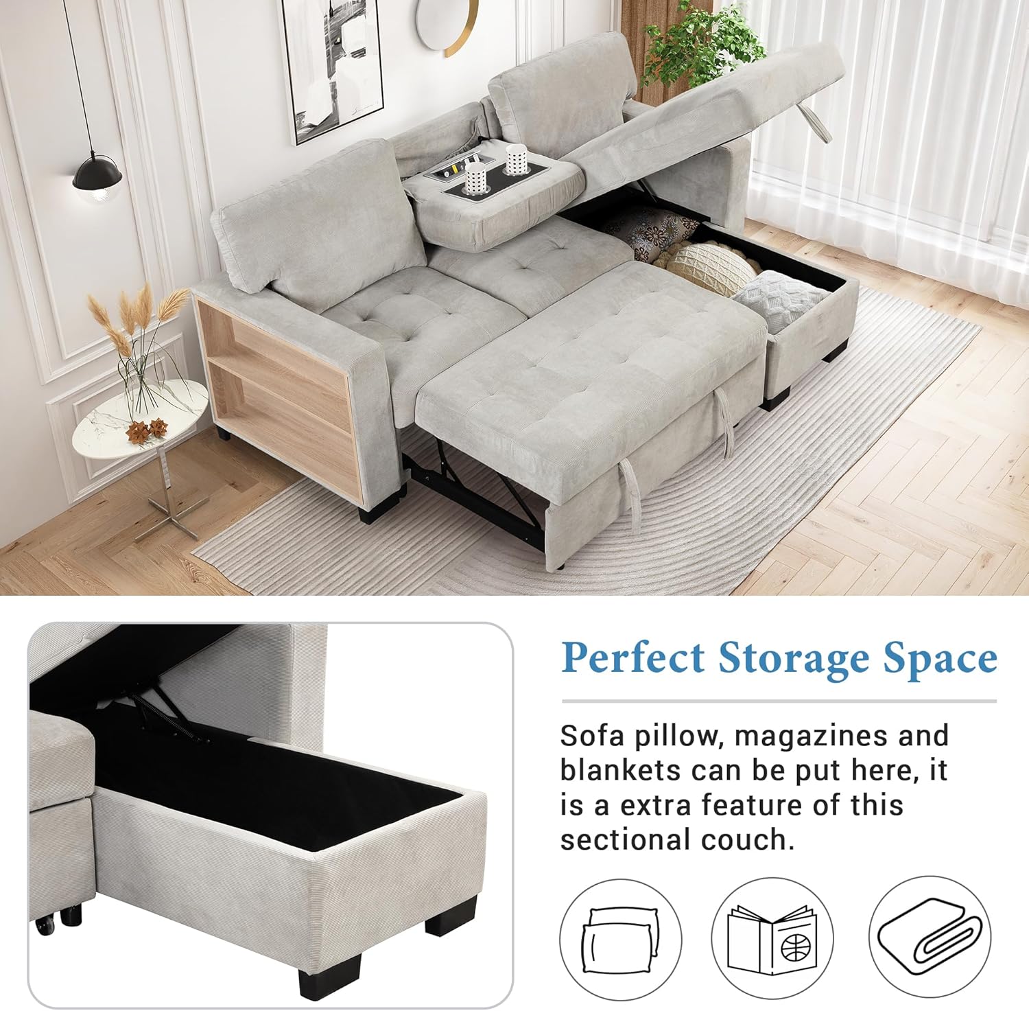 L Shaped Sectional Couch Rack, Cup Holder, Chaise Lounge, Adjustable Armrests, Pull-Out Sofa Bed Drop Down Table and USB Charger, Multiple Storage Options for Small Space, Light Gray