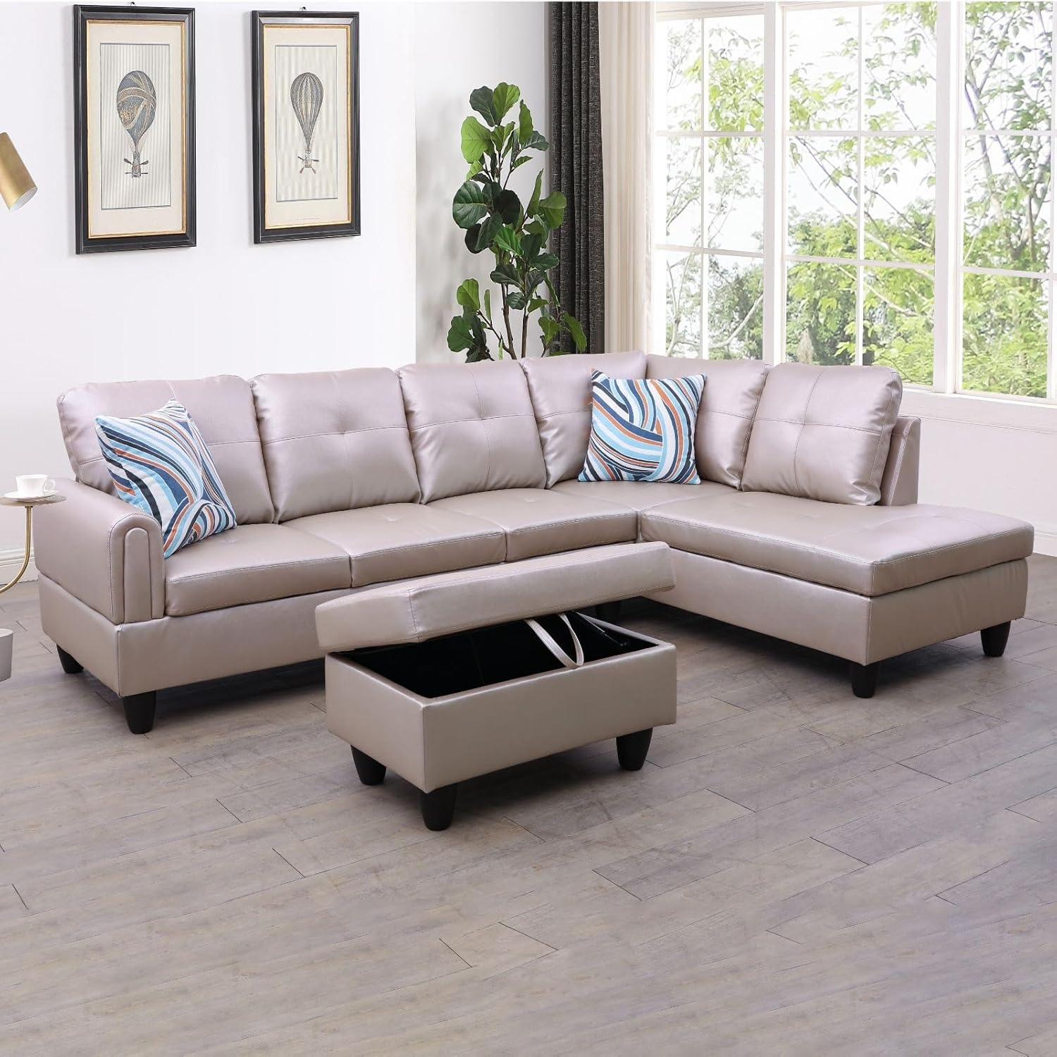 3-Piece L-Shaped Sectional Couches Lounge & Storage, 97.5'' Linen Modular Living Room Home Office, 3pcs 97'' Sofa+66.5'' Chaise+28.5'' Ottoman(Right), Latte Faux Leather