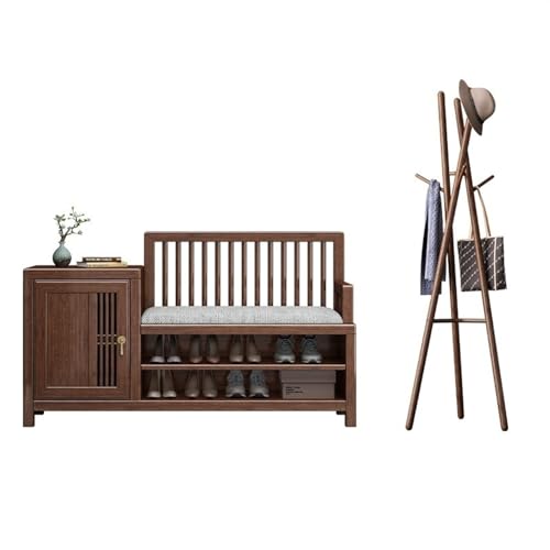 Shoe Shelf Shoe Bench Combo with Freestanding Coat Rack, Wood Shoe Storage Organizer with Storage Cabinet and Seat Cushion, for Closet, Hallway, Entryway Shoe Rack(Set3)