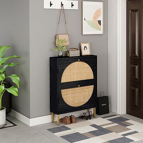 2-Piece Rattan Shoe Cabinet Set, White, 2-Drawer Space-Saving Shoe Storage for Entryway