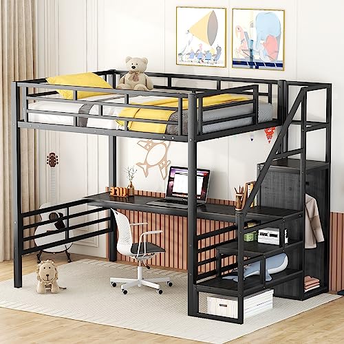 Metal Loft Bed with Desk, Storage Stairs Can Be Installed Left Or Right Full Size Bed Frame Storage Staircase and Small Wardrobe and Full-length Guardrail for Bedroom (White)