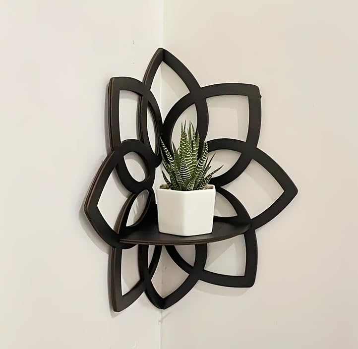 Lotus Corner Shelves, Wooden Flowers Wall Corner Shelves Wooden Floating Shelves Crystal Display Shelf Boho Wall Corner Shelves for Home Offices (A)