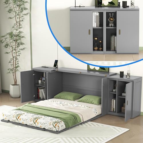 Full Murphy Bed with Shelves, Modern Wall Bed Murphy Bed with Shelves, Cabinets, USB Ports, Wood Murphy Bed Cabinet Bed, Murphy Bed Chest Murphy Bed Frame for Guest Bedroom, Space-Saving, White