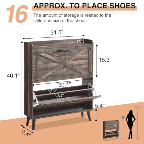 Shoe Storage Cabinet,Farmhouse Shoe Organizer with 4 Flip Drawers & Barn Door Design,Freestanding Hidden Slim Narrow Shoe Rack Cabinet for Entryway,Foyer,Hallway,Blue