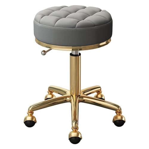 Gold Round Roller Stool, Swivel Bar Stool, Beauty Salon Spa Massage Stool, Shop Tattoo Makeup Stool with Metal Steel 5 Prong and Globe Wheels, Adjustable 47-64cm(Black)