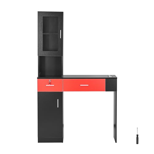 VEVOR Salon Station, Wall Mount Barber Salon Station for Hair Stylist, Beauty Spa Furniture Set, 1 Storage Cabinet, 3 Cubbies and 2 Drawers(One Lockable), Black