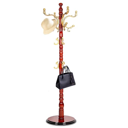 Coat Racks ​freestanding, High-grade Wooden Tree Coat Rack, Coat Rack Stand With 14 Hooks & Stable Disc Base, For such as coats, jackets, Home Office Hats Tree Hanger (black red)