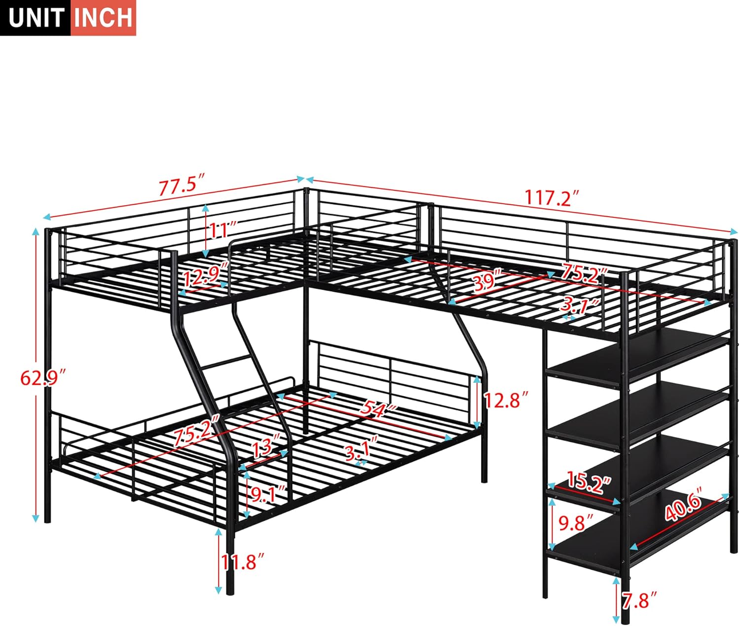 Metal L-Shaped Bunk Bed,Triple Bunk Beds for Kids,L-Shaped Metal Twin Over Full Bunk Bed and Twin Size Loft Bed with Four Built-in Shelves,for Three Kids Teens Boys Girls,Black