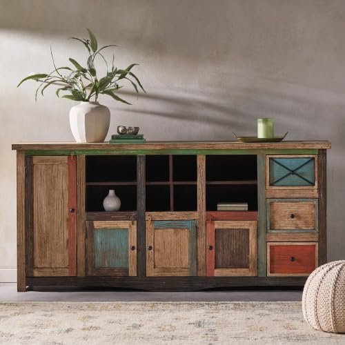 Sideboard Buffet Cabinet, Solid Wooden Storage Cabinet with Open Shelves, Accent Home Furniture, Bohemian Style Storage Cabinet for Living Room 75.75” Lx15.5” Wx35.25” H
