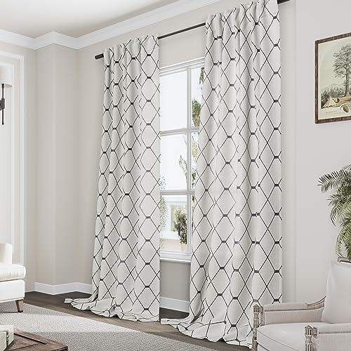 Nanspring Navy Blue Cream Beige Linen Curtains 84 Inch Length for Living Room Back Tab Pleated Drapes for Home office Light Reducing Room Darkening Geometric Patterned Checkered Curtain 2 Panels