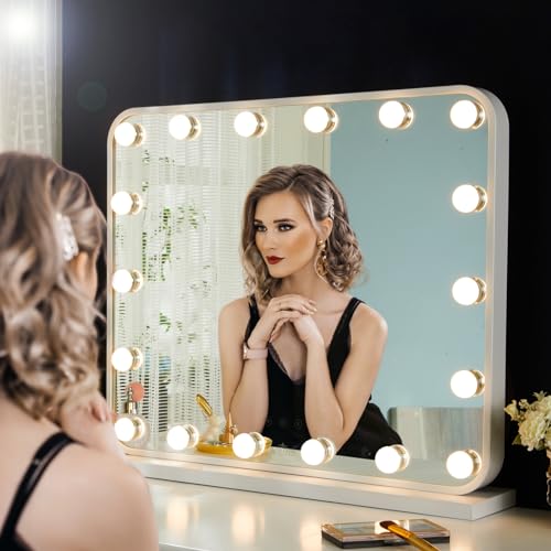 LUXFURNI Large Hollywood Vanity Mirror with Lights, Lighted Makeup Mirror with 18 LED Bulbs for Dressing Room, Wall-Mount/Tabletop (Rose Gold)