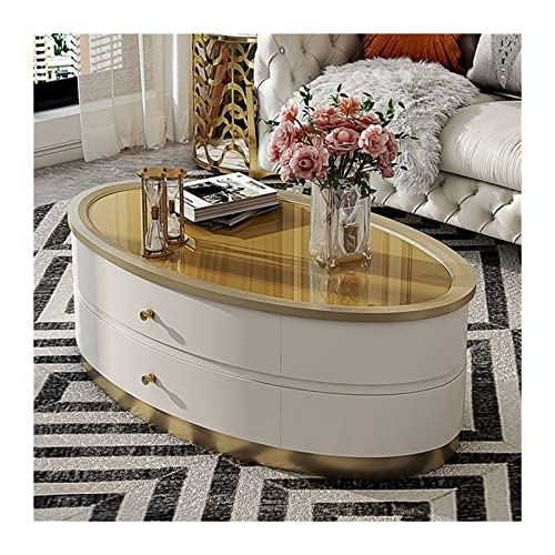 Tea Table for Living Room Modern Coffee Table with Unique Table Top and Stable Base, Oval Sofa Table Center Table with 2 Large Drawers for Living Room and Office Coffee Table (Color : Brass, Size :