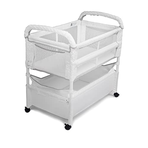 Arm’s Reach Clear-Vue Co-Sleeper Bedside Bassinet Featuring Clear Mesh Panels with Fold-Down Side, Large Attached Storage Basket, 4 Wheels, and Height-Adjustable Legs, White